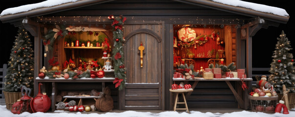 Winter christmas Market Stalls decortative. wide banner