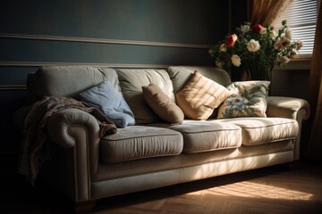 A picture of a couch with a bunch of pillows on top of it. This image can be used for home decor, interior design, or furniture-related projects.