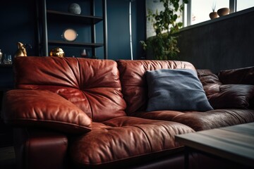 A brown leather couch sitting in a cozy living room. Perfect for home decor and interior design projects.