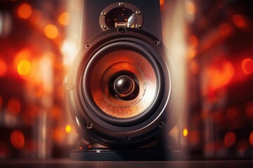A close up of a speaker placed on a table. Perfect for illustrating sound systems, technology, or music-related concepts. 
