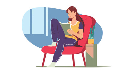 Fototapeta premium Woman relaxing reading paper book at home. Relaxed person cartoon character resting sitting on comfortable chair. Literature, knowledge, education, leisure entertainment flat vector illustration