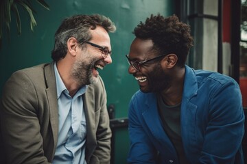 Two men sitting side by side, laughing and enjoying each other's company. This picture can be used to depict friendship, joy, and camaraderie in various contexts
