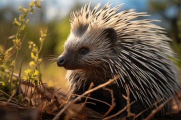 A porcupine is seen walking through the brush. This image can be used to depict wildlife in its natural habitat