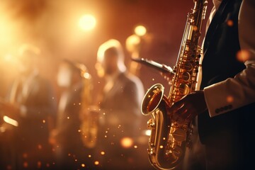 A man in a suit playing a saxophone. This image can be used to depict a musician, jazz music, live performances, or entertainment events