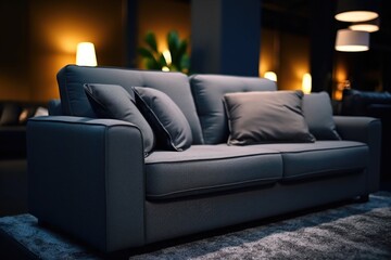 A comfortable couch with pillows, perfect for relaxing in a living room. Great for interior design projects or home decor blogs