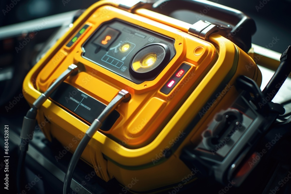 Poster a detailed close-up view of a yellow and black device. this versatile image can be used in various c