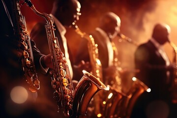A group of saxophone players standing next to each other. Perfect for music events, jazz festivals, and band performances - obrazy, fototapety, plakaty
