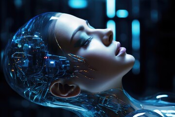 A close-up view of a person with a futuristic head. This image can be used to depict concepts of technology, innovation, artificial intelligence, or futuristic design