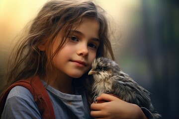 A heartwarming image of a little girl holding a bird in her arms. Perfect for illustrating love for nature and the beauty of innocence. 