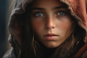 A young girl wearing a hood over her head. Versatile image suitable for various themes