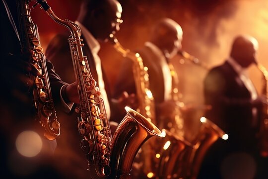 A group of saxophone players standing next to each other. Perfect for music events, jazz festivals, and band performances