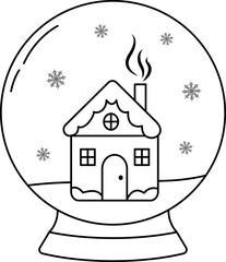 A glass snow globe highlighted on a white background. The Christmas toy inside is decorated with various winter patterns. Vector hand-drawn illustration in doodle style. Ideal for decorating holidays,