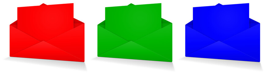 Three Postal envelope blank template red,  green and blue (RGB) for presentation layouts and design.