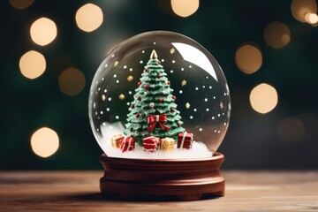 Fototapeta na wymiar Festive Snow Globe Featuring Shiny Christmas Tree