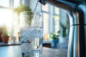 Filling Glass Cup With Clean Drinking Water From Kitchen Tap