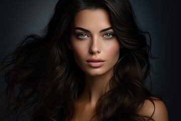 Fototapeta premium Gorgeous Brunette Captivates With Her Beauty On Gray Background