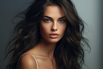 Naklejka premium Gorgeous Brunette Captivates With Her Beauty On Gray Background