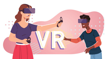 Man, woman using VR headsets experiencing virtual reality for education, entertainment. Person holding motion controllers equipment gaming. VR video simulation, cyberspace flat vector illustration