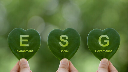 Hand holding green leaf with ESG text on green background. ESG-environmental social governance concept. teamwork, participation in environmental protection. Eco-friendly. SDGs. Green business.