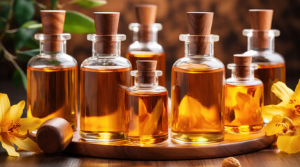 Serum in glass bottle on natural background. Aromatherapy oil, concept of natural cosmetic