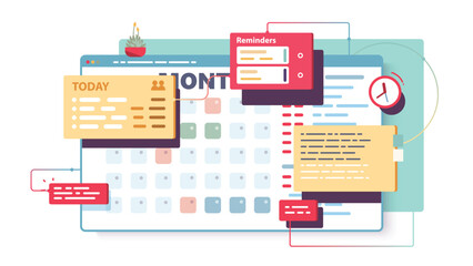 Calendar schedule planning application. Business appointment event reminders in workflow planner app. Organizer app window frame. Tasks, time management software concept flat vector illustration