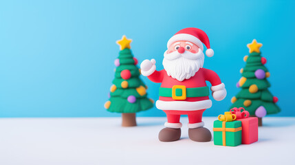 Obraz premium Homemade plasticine Santa Claus stands in the snow next to gift boxes and waves his hand in greeting, against blurred background with plasticine Christmas trees. New Year banner, 16:9