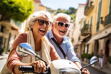 Fototapeta premium Happy Retired Couple Enjoying Scooter Ride In Italy. Сoncept Romantic Sunset Picnic, Adventure Travel, Beautiful Beaches, Mountain Hiking, Fun Family Reunion