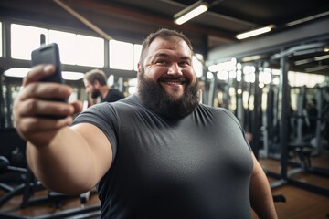 Happy Overweight Man Capturing Gym Selfie Before Workout - obrazy, fototapety, plakaty