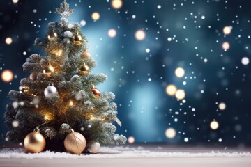Naklejka na ściany i meble Holiday Background With Snowcovered Christmas Tree And Garland Lights