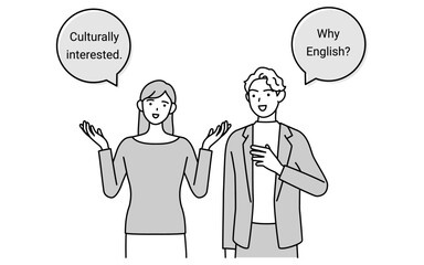 英会話、白人男性と英語で会話する日本人女性、吹き出しつき