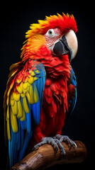 Colorful parrot on black background. Generative AI.
