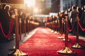 Red Carpet Rolled Out At Movie Premiere With Paparazzi. Сoncept Movie Premiere, Red Carpet, Paparazzi, Glamorous Event, A-List Celebrities