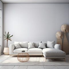 A mock-up of a modern living room, white couch, walls, and parquet.