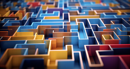 Obraz premium top-down overhead 3/4 downward view of a complicated cardboard maze in various colors and no clear path
