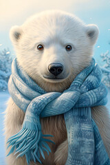 A polar bear wearing a scarf. Winter card. Generative AI