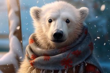 A polar bear wearing a scarf. Winter card. Generative AI
