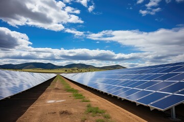 Solar Farm Generates Clean, Renewable Energy, Reduces Global Warming. Сoncept Sustainable Agriculture, Eco-Friendly Transportation, Renewable Energy For All, Waste Reduction And Recycling