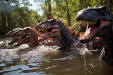 A Group Of Dinosaurs Swimming In A River