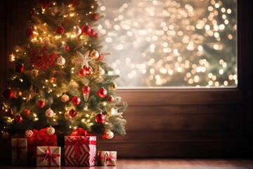 Fototapeta na wymiar Sparkling Christmas Tree Adorned With Festive Lights
