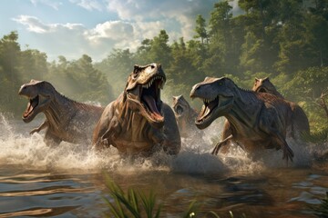 Spinosaurus Carnotaurus And Trex Families Cooling Off In Swamp - obrazy, fototapety, plakaty