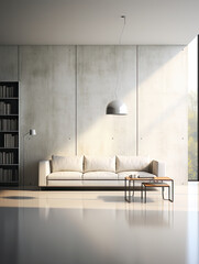 A modern design, minimalistic, with concrete wall mockup, a couch and a small table.