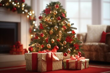 Fototapeta na wymiar Traditional Christmas Tree Adorned With Presents