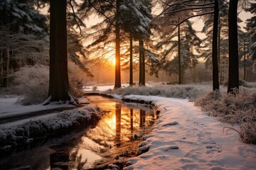 Tranquil Winter Sunset In Woodland Setting