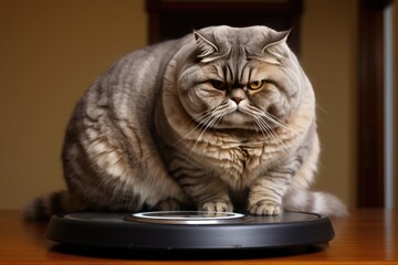 Weight Monitoring Overweight Cat On Weight Scales. Сoncept Healthy Eating Habits, Exercise Routine, Weight Loss Goals, Tracking Progress