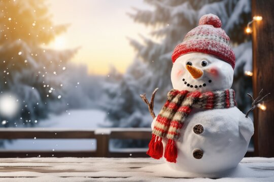 Warm Greeting Card With Snowy Landscape And Cheerful Snowman