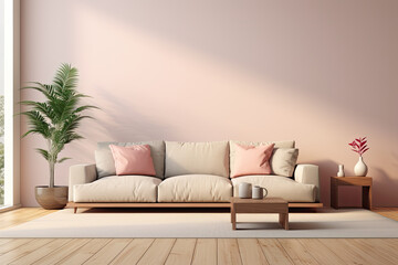 A modern living room, parquet on the floor, soft pink and pistacho pink light, mock-up.