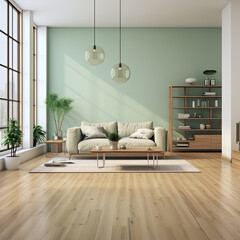 A beautiful living room, soft green light couch.