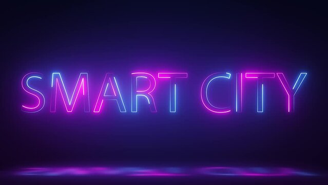 3d render illuminated glowing neon smart city text animation on dark background