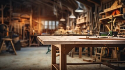 The interior of a carpentry workshop, an empty wooden table for carpenter work