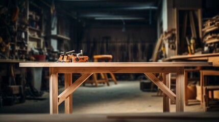 The interior of a carpentry workshop, an empty wooden table for carpenter work - obrazy, fototapety, plakaty